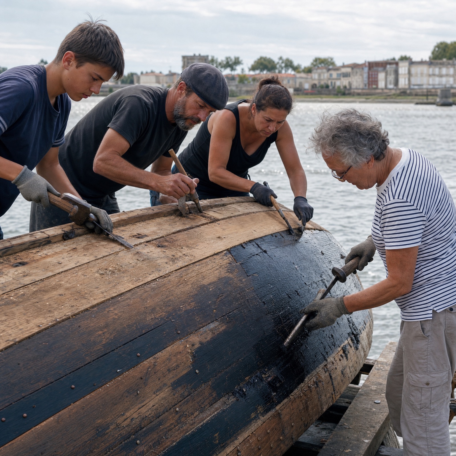 Chantier participatif au bord d'une jalle : consolidation des pierres d'un lavoir historique